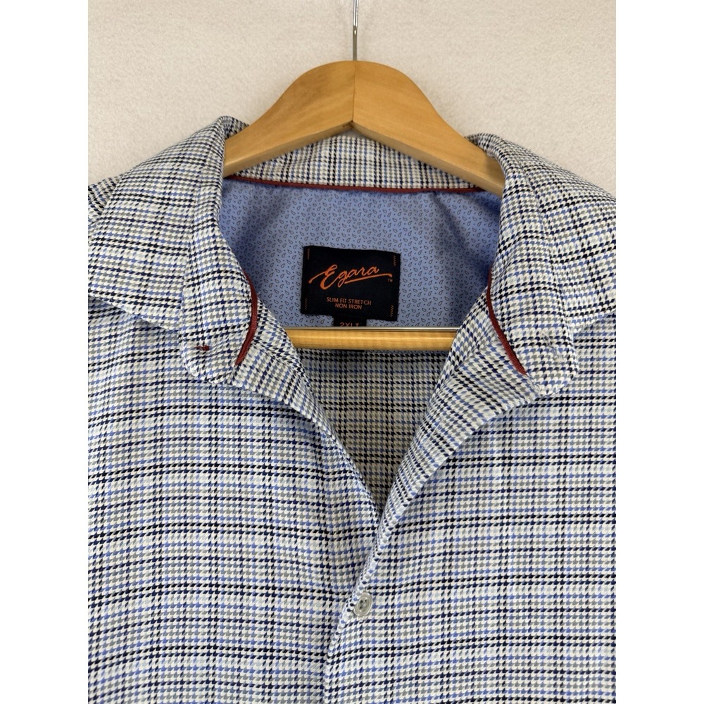 Egara Men's L/S Blue White Silver Check Non-Iron Slim‎ Fit Dress Shirt 2XLT, A1